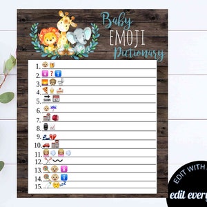 Emoji Pictionary Baby Shower Game Safari Baby Shower Pictionary Activity Elephant Emoji Pictionary Baby Shower Printable Game Giraffe Lion