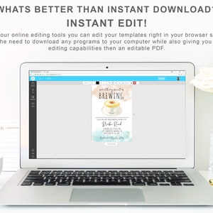 May include: A laptop computer displaying a webpage with a coffee-themed baby shower invitation template. The invitation features a watercolour design with the text "Something Sweet is Brewing" and a cup of coffee. The text "Brooke Rud" is also visible on the invitation.