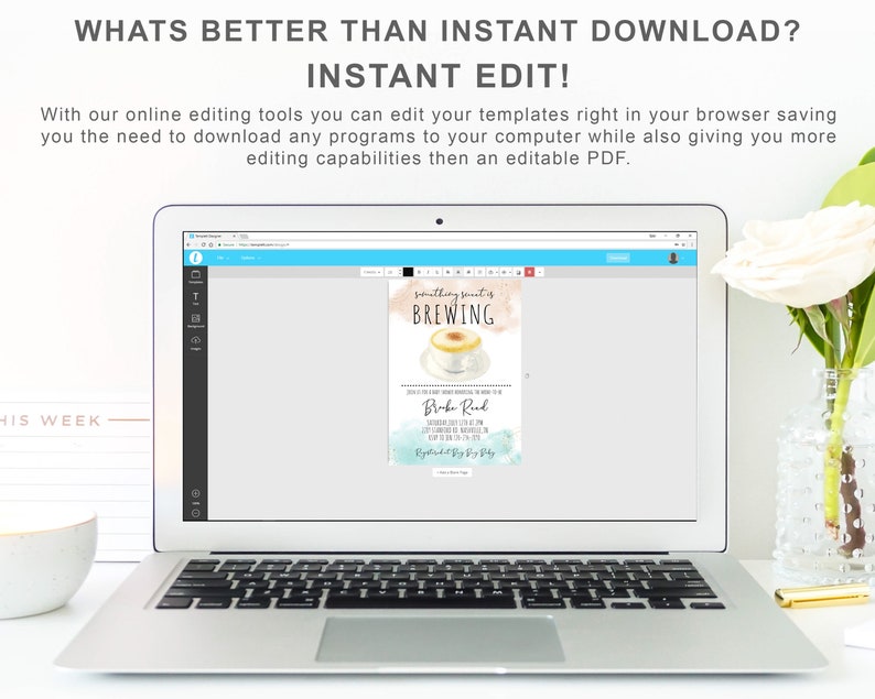 May include: A laptop computer displaying a webpage with a coffee-themed baby shower invitation template. The invitation features a watercolour design with the text "Something Sweet is Brewing" and a cup of coffee. The text "Brooke Rud" is also visible on the invitation.