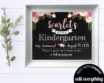 First Day of School Sign Back to School Chalkboard Any Grade Editable 1st Day School Printable Instant Download Girl Floral Chalkboard Sign