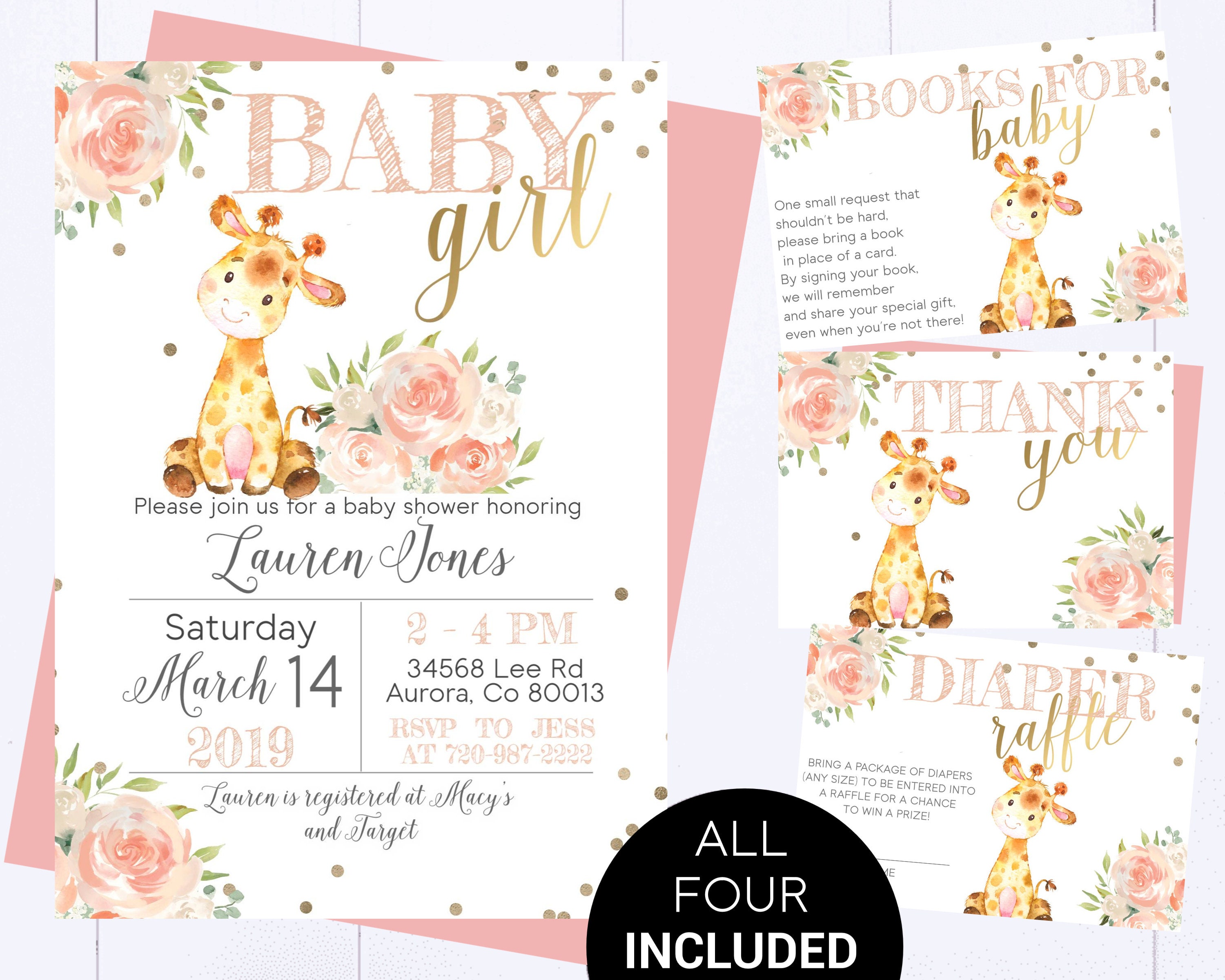 Floral Giraffe Baby Shower Invitation Pink and Gold Baby - Etsy