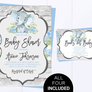 Blue Elephant Baby Shower Boy Invite Blue Floral Baby Shower Baby Boy Shower Invitations Blue Elephant Boy Baby Shower Blue Elephant Invite