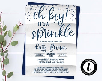 Oh Boy It's A Sprinkle nodigt uit met blauwe en grijze strooi uitnodiging voor jongens strooi uitnodiging met streep strooi uitnodiging blauwe en grijze strooi uitnodiging