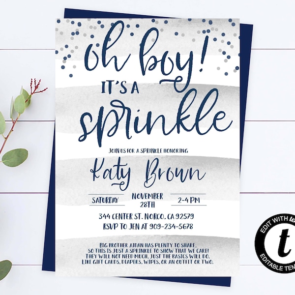 Oh Boy It's A Sprinkle Invite Blue Baby Sprinkle Invitation Boy Sprinkle Invite Stripe Sprinkle Invite Blue And Gray Sprinkle Invite