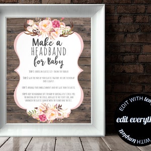 Floral Baby Shower Headband Station Sign Floral Baby Shower Headband Sign Headband Station Printable Baby Shower Rustic Headband Sign