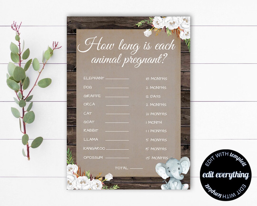 Elephant Baby Shower How Long is Each Animal Pregnant Game How Etsy