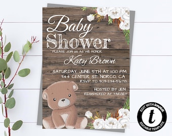 Bear Baby Shower Boy Invite Rusitc Baby Shower Baby Neutral Shower Invitations Teddy Bear Boy Baby Shower Rustic Bear Invite Woodland Bear