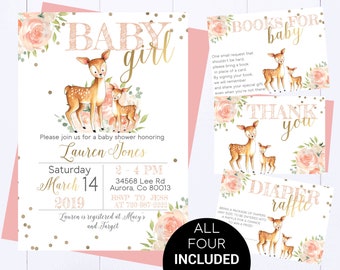 Floral Deer Baby Shower Invitation Woodland Baby Shower Invitation Girl Baby Shower Deer Invitation Floral Pink Baby Girl Shower Invitation