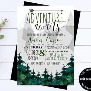 Adventure Awaits Baby Shower Invitation Template Adventure Baby Shower Invite Adventure Woodland Baby Shower Invitation Mountain Adventure