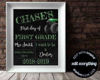 First Day of School Sign Back to School Chalkboard Any Grade Editable 1st Day School Printable Instant Download Boy School Chalkboard Sign