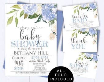 Floral Blue Baby Shower Boy Invite Blue Floral Baby Shower Invite Baby Boy Floral Shower Invitations Blue Boy Baby Modern Shower Invite