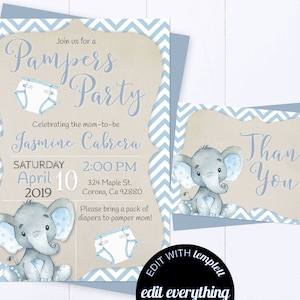 Blue Elephant Baby Shower Boy Invite Pamper&#39;s Party Baby Shower Invite Baby Boy Diaper Party Shower Blue Elephant Pamper&#39;s Party Invitation