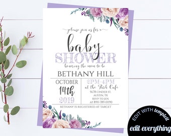 Purple Floral Baby Shower Invitation Template Floral Watercolor Baby Shower Invite Baby Girl Shower Floral Invite Girl Purple Shower Invite