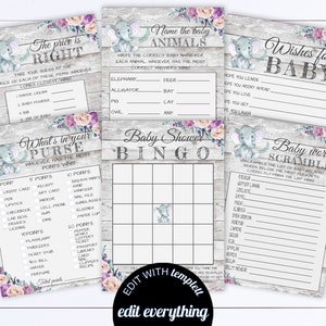Elephant Baby Shower Games Printable Baby Shower Games Package Baby Shower Activity Printable Baby Shower Bingo Baby Shower Printable Game