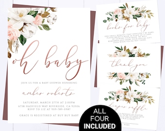 Rose Gold Floral Baby Shower Invitation Magnolia Flower Baby Shower Invite Girl Baby Shower Flower Invitation Greenery Baby Shower Invite
