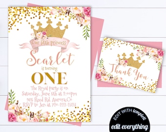 Floral Princess Birthday Invitation Template Floral Watercolor Birthday Invite Girl Princess Birthday Invitation Princess Birthday Invite