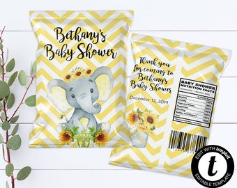 Elephant Chip Bag Baby Shower Template Sunflower Baby Shower Favor Bags Editable Chip Bag Yellow Elephant Printable Chip Bag Template