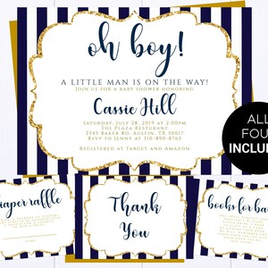 Oh Boy Baby Shower Invitation Oh Boy Baby Shower Template Navy and Gold Boy Baby Shower Oh Boy Striped Shower Invitation Oh Boy Invitation