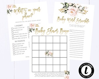 Blush Pink Baby Shower Spiele druckbare Baby Shower Spiele Paket Baby Shower Activity Set Baby Shower Gold Floral druckbare Spiele Paket