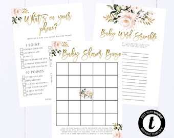 Blush Pink Baby Shower Games Printable Baby Shower Games Package Baby Shower Activity Set Baby Shower Gold Floral Printable Games Package