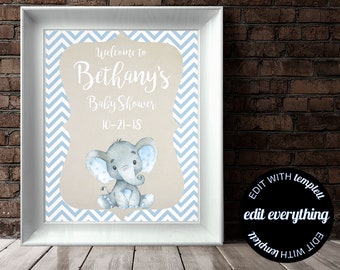 Blue Elephant Baby Shower Welcome Sign Baby Welcome Sign Blue Baby Shower Decor Welcome Shower Sign Printable Welcome Sign Printable Sign