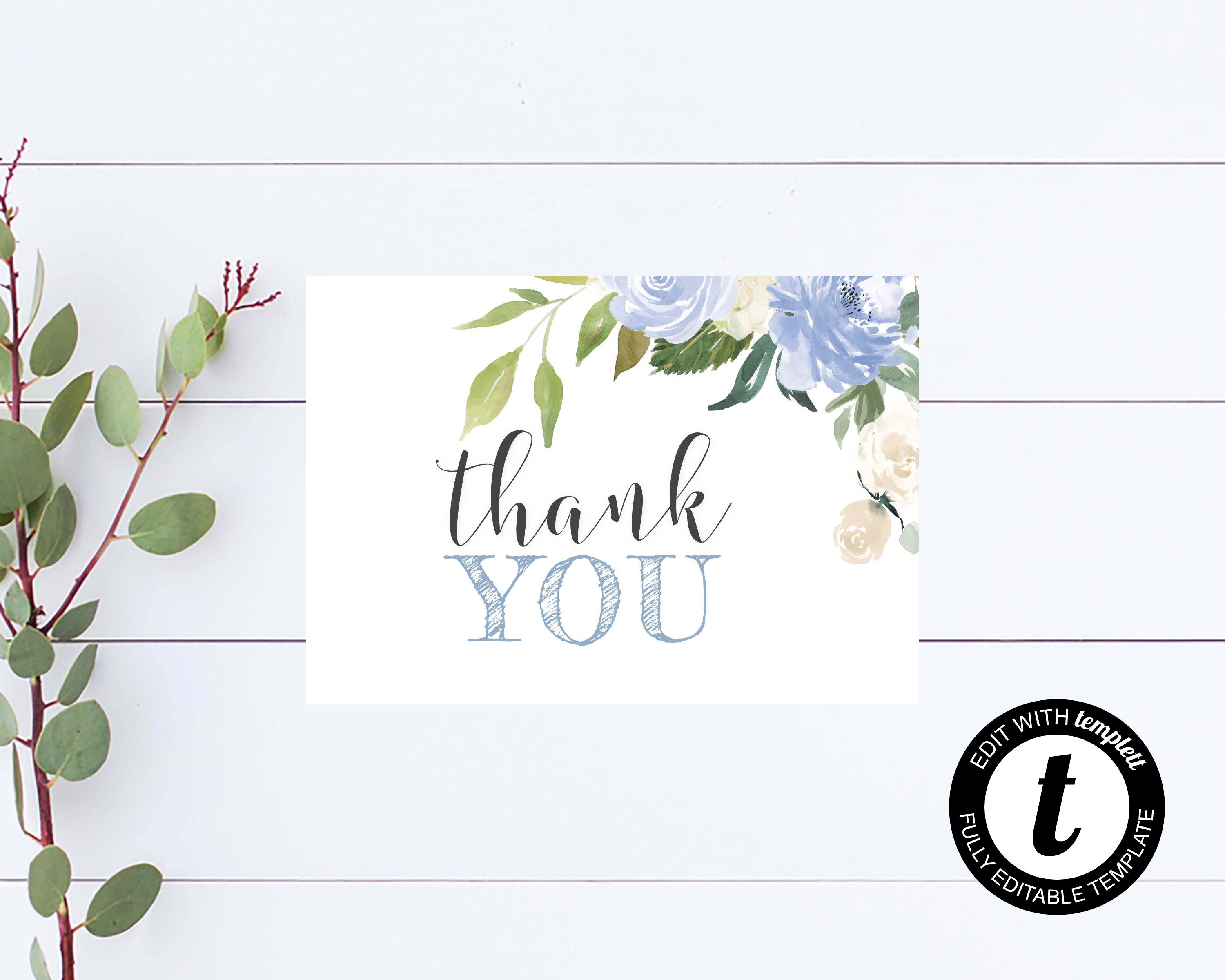 Blue Floral Thank You Card Printable Boy Baby Shower Thank You Card ...