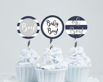 Blue And White Shower Cupcake Toppers Oh Boy Baby Shower Cupcake Toppers Baby Boy Cupcake Toppers Striped Baby Shower Toppers