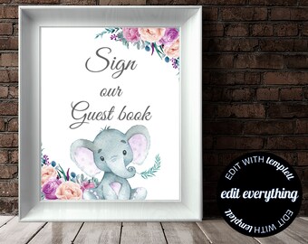 Purple Elephant Baby Shower Guestbook Sign Printable Guest Book Sign Purple Elephant Instant Download Sign Our Guestbook Printable Sign