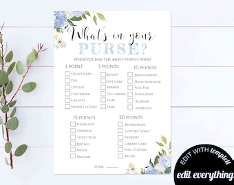 What's In Your Purse Baby Shower Game Purse Game Printable Shower Game Blue Floral Purse Baby Shower Game Floral Blue What's In Your Purse?
