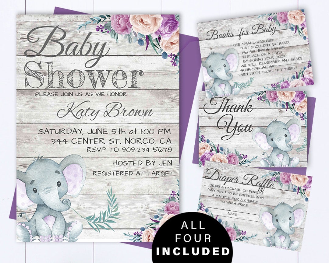 Purple Elephant Baby Shower Invite Purple and Gray Baby Girl Etsy