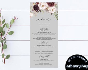 Floral Wedding Menu Template Floral Wedding Menu Cards Floral Menu Floral Menu Template Floral Menu Card Printable Wedding Menu Cards