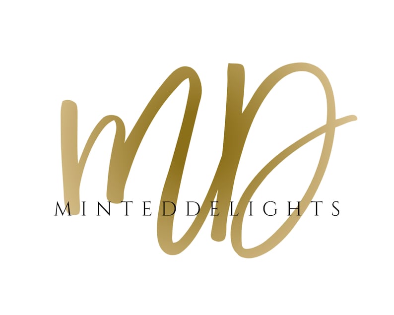 May include: Gold script logo with the letters "MD" and the text "Minted Delights" below.