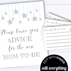 Twinkle Star-advies voor nieuwe moeder Activiteitsadvies voor moeder Babyshowerbord Blauwe ster Babyshoweradvies Activiteitsadvies voor moederbord en kaarten