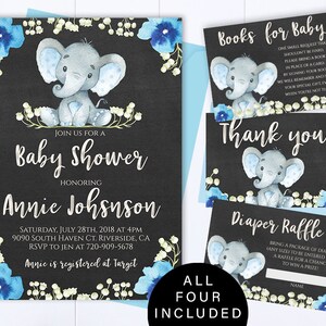 Blue Elephant Baby Shower Boy Invite Blue Floral Baby Shower Baby Boy Shower Invitations Blue Elephant Boy Baby Shower Blue Elephant Invite
