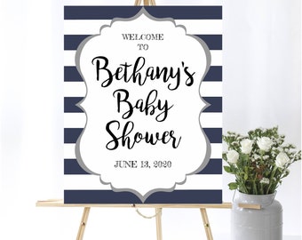 Cartello di benvenuto per baby shower blu e bianco Cartello di benvenuto per bebè Oh Boy Decorazione per baby shower Cartello per doccia di benvenuto Cartello di benvenuto a strisce stampabile
