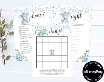 Elephant Baby Shower Games Printable Baby Shower Games Package Baby Shower Activity Printable Baby Shower Bingo Baby Shower Printable Game