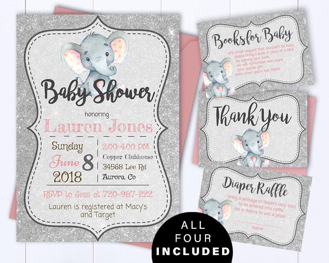 Pink Elephant Baby Shower Invite Pink and Gray Baby Girl Shower ...