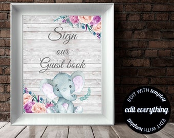 Purple Elephant Baby Shower Guestbook Sign Printable Guest Book Sign Purple Elephant Instant Download Sign Our Guestbook Printable Sign