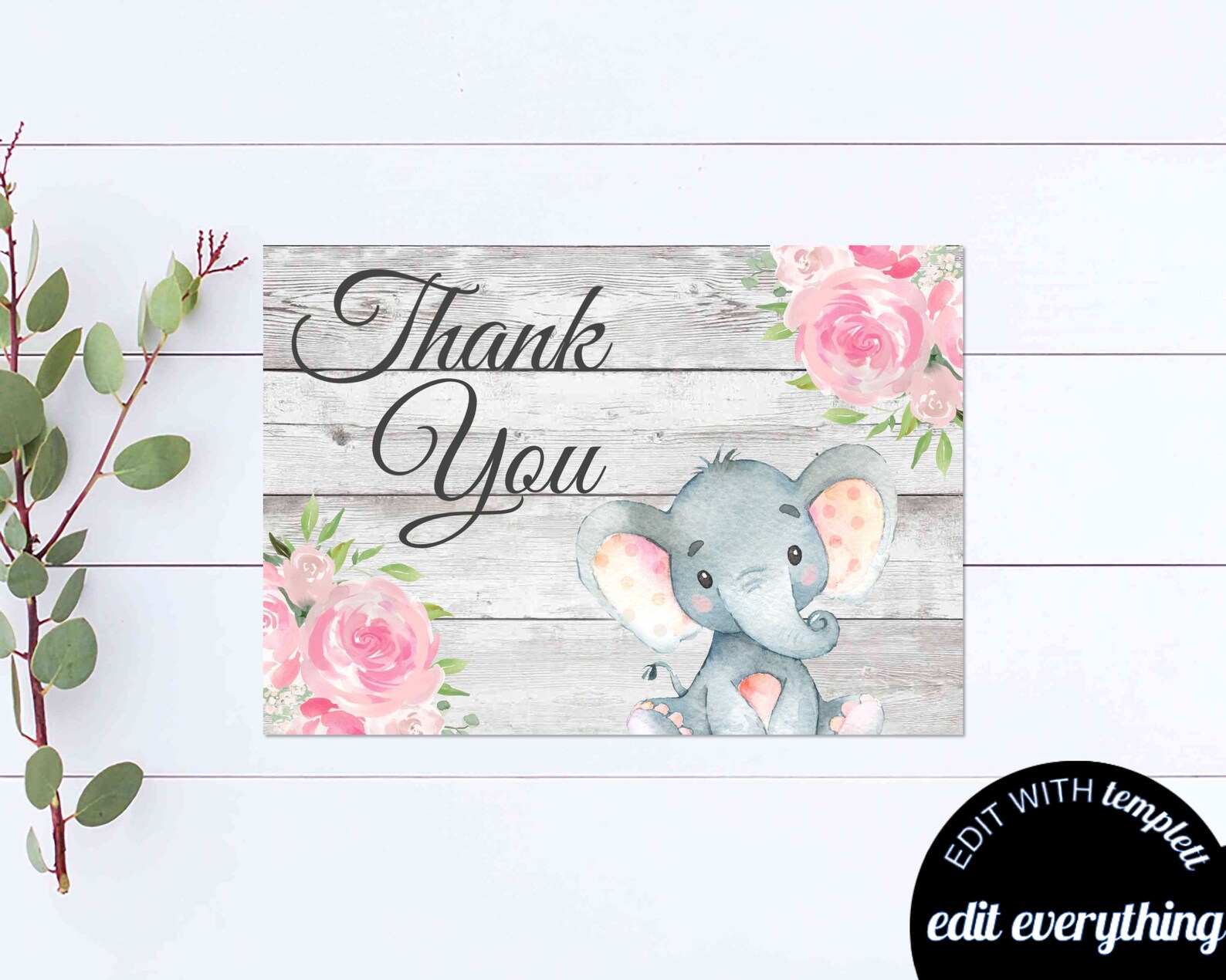 Elephant Thank You Card Thank You Template Printable Pink | Etsy