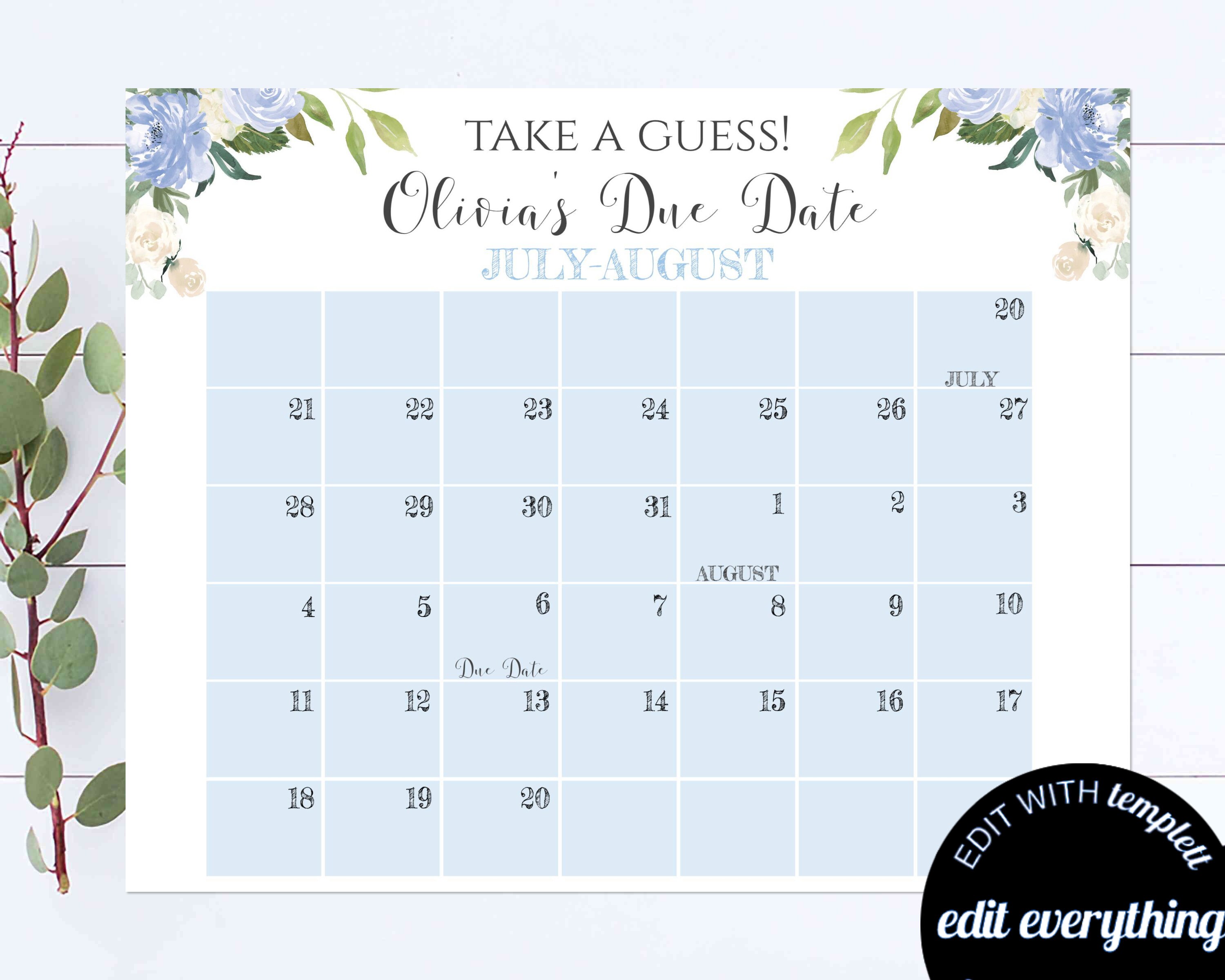 Blue Floral Due Date Baby Shower Game Guess The Due Date Baby Etsy Blue Floral Due Date Baby Shower Game Guess The Due Date Baby Etsy