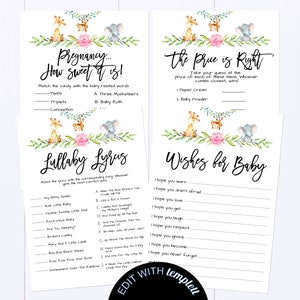 Safari Baby Shower Game Package Girl Jungle Animal Baby Shower Games Safari Baby Shower Games Giraffe Elephant Monkey Baby Shower Game Set