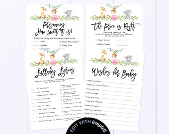 Safari Baby Shower Game Package Girl Jungle Animal Baby Shower Games Safari Baby Shower Games Giraffe Elephant Monkey Baby Shower Game Set