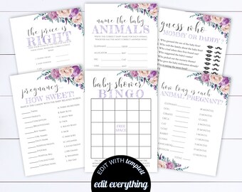 Juegos de Baby Shower Morados Paquete de Juegos Imprimibles de Baby Shower Conjunto de Actividades de Baby Shower Paquete de Juegos Imprimibles Florales Morados de Baby Shower