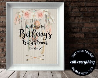 Dreamcatcher Baby Shower Welcome Sign Baby Welcome Sign Boho Baby Shower Decor Welcome Shower Sign Printable Welcome Sign Printable Sign