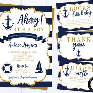 Ahoy It's A Boy Baby Shower Invitation Nautical Baby Shower Invitation Anchor Theme Baby Shower Invitation Navy And Gold Stripes