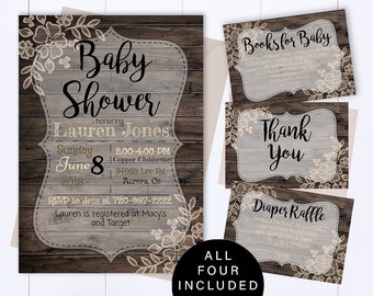 Invitación rústica para baby shower Invitación para baby shower de niña Plantilla de madera para baby shower de encaje rústico Plantilla rústica para invitación de baby shower para niña