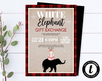 Weißer Elefant Geschenktausch-Party-Einladung Geschenk-Austausch Weihnachtsfeier-Einladung Weißer Elefant-Feiertags-Party-Einladung Karierte Invite