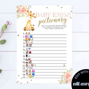 Emoji Pictionary Baby Shower Game Giraffe Baby Shower Pictionary Activity Giraffe Emoji Pictionary Baby Shower Printable Game Pink Giraffe