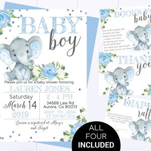 Blue Elephant Baby Shower Boy Invite Blue Baby Shower Baby Boy Shower Invitations Blue Floral Elephant Boy Baby Shower Blue Elephant Invite