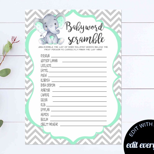 Elephant Baby Shower Baby Word Scramble Game Printable Baby Shower Baby Word Scramble Activity Mint And Gray Baby Shower Baby Word Scramble